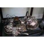 A LARGE QUANTITY OF SILVER PLATED ITEMS to include a silver plated spirit kettle on stand with ebony