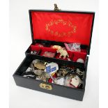 A JEWELLERY BOX containing a group of miscellaneous items to include an antique Spanish coin