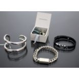 AN EMPORIO ARMANI HEAVY SILVER BRACELET with original presentation case together with a further