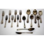 A QUANTITY OF GEORGE II AND LATER SILVER CUTLERY to include a spoon dated London 1745 together