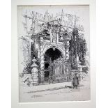 JOSEPH PENNELL  Late 19th century English school, pen and ink study of a porch and gate of St Mary