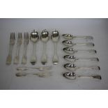 A PART CANTEEN OF EARLY 19TH CENTURY SILVER FIDDLE PATTERN CUTLERY consisting of three table