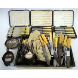 A QUANTITY OF VARIOUS SILVER CUTLERY, bone handled knives etc