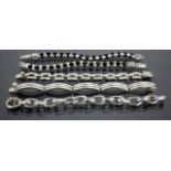 A GROUP OF FIVE WHITE METAL AND WHITE METAL MOUNTED BRACELETS each stamped 925 (5)