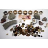 A QUANTITY OF SILVER NAPKIN RINGS, coins and fossils