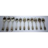 EIGHT VICTORIAN SILVER FIDDLE PATTERN TEA SPOONS with makers mark EE together with three fiddle