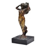 A CAST BRONZE CAR MASCOT in the form of an art nouveau lady with flowing hair and dress, 15.5cm tall