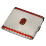 A SILVER AND ENAMELLED CIGARETTE CASE by Asprey of London, the lid with pink coral and marquisette