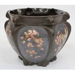 AN ART NOUVEAU VASE, bronzed glaze and painted panels decorated with finches amongst blossom,