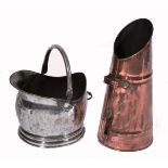 A SILVER PLATED COAL BUCKET, 28cm wide together with a Victorian copper coal chute (2)