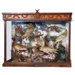 A LATE VICTORIAN DIORAMA containing a pheasant, woodcock, snipe, tawny owl, blue jay and