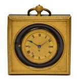 A FRENCH ORMOLU STRUT CLOCK in a square ebonised case with ring handle, the circular dial with Roman