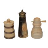 AN ANTIQUE IVORY AND SILVER MOUNTED SPICE GRINDER, 8.5cm high and another with ring turned