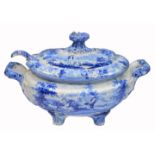 A 19TH CENTURY BLUE AND WHITE SOUP TUREEN AND COVER and a blue and white ladle, the tureen decorated