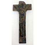 AN ANTIQUE CARVED SLATE CRUCIFIX of simple form, 31cm high