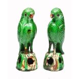 A PAIR OF 19TH CENTURY CHINESE GREEN GLAZED POTTERY FIGURES OF PARROTS, each 21cm in height (2)