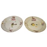 A PAIR OF 18TH CENTURY MEISSEN DISHES, one with Horse Chestnut, Ass and Parrot decoration, the other