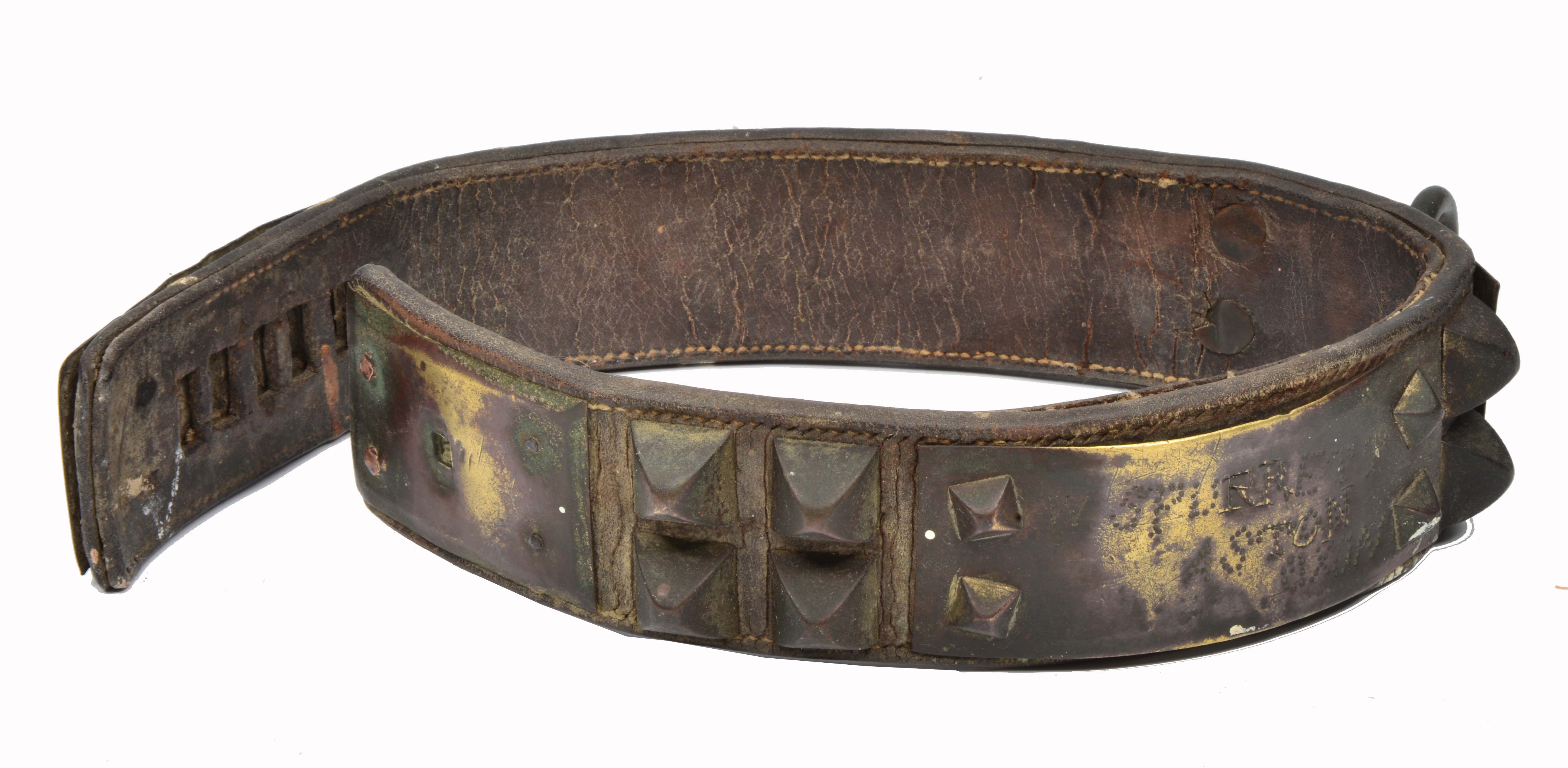 A LEATHER AND BRASS STUDDED DOG COLLAR labelled 'W Spurrett, Aston, Oxon, together with a painted