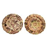 A PAIR OF WHIELDON SHAPED CIRCULAR DISHES with brown spot decoration on a cream ground 25.5cm