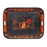 A REGENCY TOLEWARE TEA TRAY decorated with a mother and child in a tropical garden, 62cm x 47cm