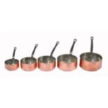 A GRADUATED SET OF FIVE COPPER AND ZINC LINED SAUCEPANS