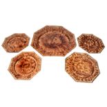 A WHEILDON OCTAGONAL DISH and four matching side dishes, drip brown glazed decoration and