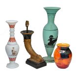 A GILT GESSO AND BLACK PAINTED CORNUCOPIA TABLE LAMP with shade, 29cm high, two opaline glass vases,