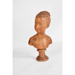 A TERRACOTTA BUST AFTER HOUDON by J Monier of a young girl with her hair tied up, on a turned socle,