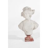 A LATE 19TH/EARLY 20TH CENTURY MARBLE BUST OF A GIRL wearing a linen cap and with a ribbon tied