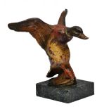 A COLD PAINTED BRONZE CAR MASCOT in the form of a mallard with wings spread on a naturalistically