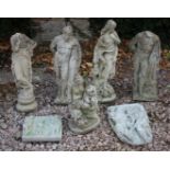 FIVE COMPOSITE STONE STATUES the largest 68cm in height (2) (with heads lacking) together with two