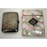 A VICTORIAN MOTHER OF PEARL AND SILVER INLAID CARD CASE, 10cm x 7.7cm together with a small silver