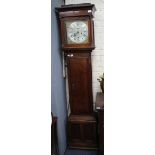 AN ANTIQUE OAK LONG CASE CLOCK, the door to the case with mahogany cross banded decoration, the