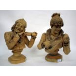 A PAIR OF CONTINENTAL HALF LENGTH PORTRAIT TERRACOTTA BUST depicting a young girl playing a mandolin