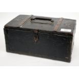 AN ANTIQUE BLACK PAINTED PINE BOX with a Star of David to the top and painted Masonic decoration