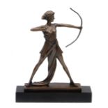 A MODERN BRONZE SCULPTURE of Diana the Huntress, signed to the base 'Fisher' and on a rectangular