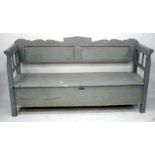 A LATE 19TH CENTURY SCANDINAVIAN GREY PAINTED SETTLE, the box seat with lifting lid, overall 194cm