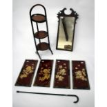 A SET OF FOUR ORIENTAL RED LACQUER AND MOTHER OF PEARL DECORATED PANELS, each approximately 10cm x