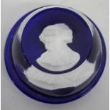 A BLUE GROUND PAPERWEIGHT with sulphide bust portrait of John Adams (Baccarat?), 8.5cm diameter