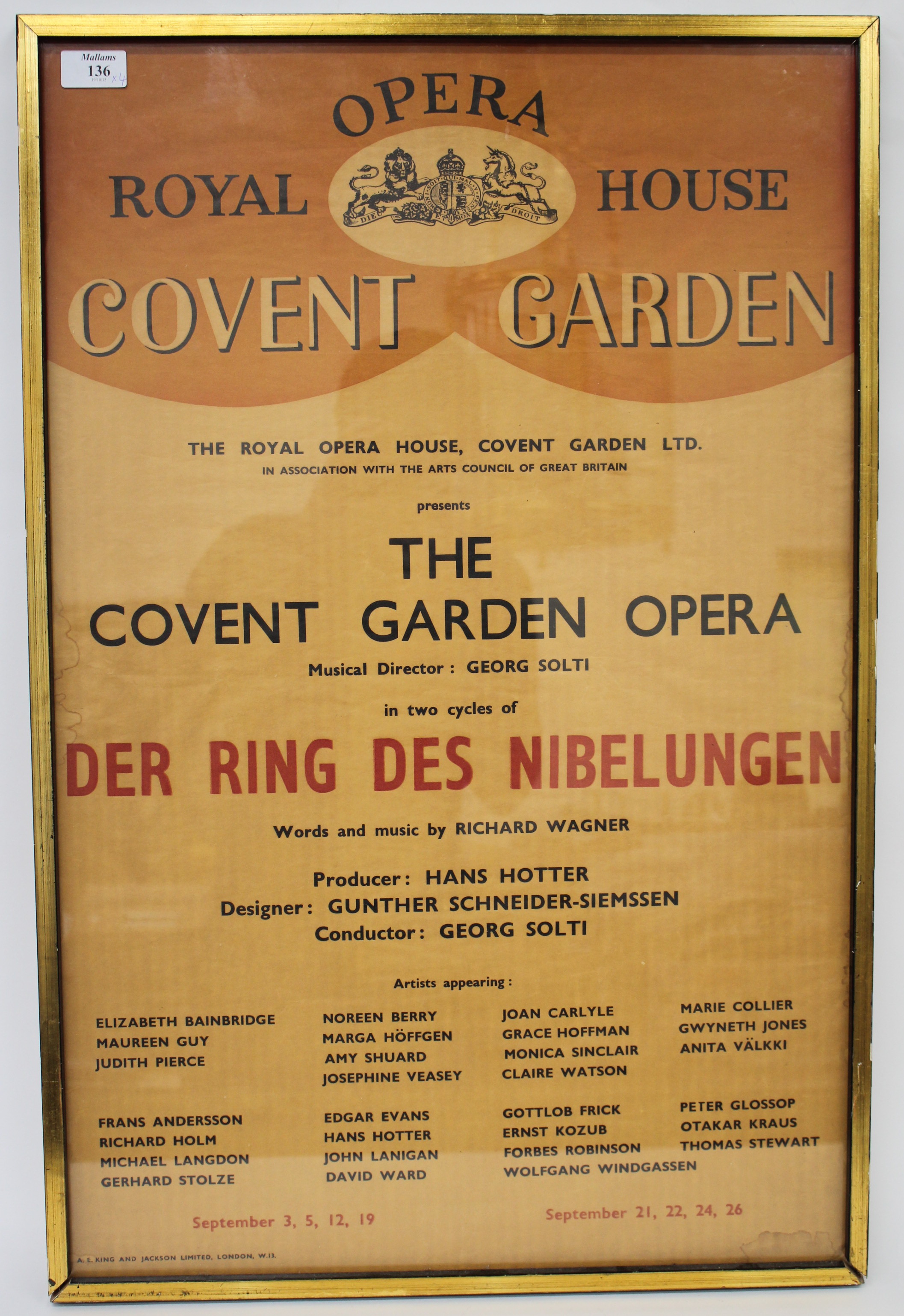 A LATE 1950'S / EARLY 1960'S ROYAL OPERA HOUSE COVENT GARDEN ADVERTISING POSTER for The Covent