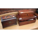 A GEORGE III MAHOGANY TEA CADDY with three divisions and brass swan neck handle 24cm wide, a