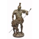 A 19TH CENTURY BRONZE STATUE of a Roman soldier spearing a lion, 40cm in height