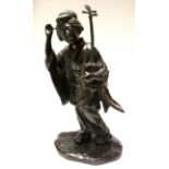 A JAPANESE BRONZE FIGURE OF GEISHA holding a musical instrument, 20cm high