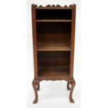 A SMALL FRENCH OAK BEDSIDE CABINET with shaped galleried top and shelves within, all on cabriole