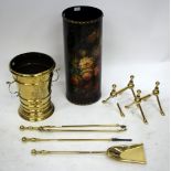 A SET OF THREE BRASS FIRE IRONS together with a brass wine cooler with scrolling handles 37cm