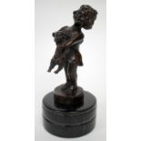 A BRONZE SCULPTURE OF A GIRL HOLDING A CAT on a cylindrical hardstone base, overall 23cm in height