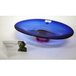 A KOSTA BODA OVAL BLUE ART GLASS BOWL designed by Goran Warff with etched mark and signature to