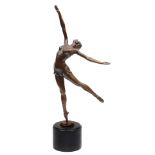 A CONTEMPORARY BRONZE SCULPTURE IN THE FORM OF A BALLET DANCER with a long beaded necklace, the