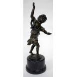 A BRONZE SCULPTURE OF A GIRL DANCING on a cylindrical hardstone base 41cm in height