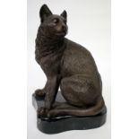 A BRONZE SCULPTURE OF A SEATED CAT mounted on a shaped marble plinth base, 30.5cm high overall